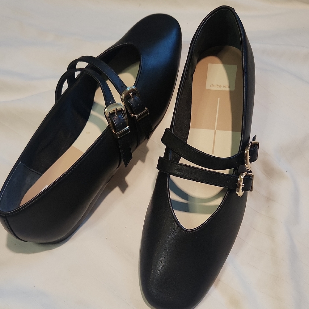 NWT Dolce Vita Black Double-Strap Mary Jane Flats with Gold Buckles